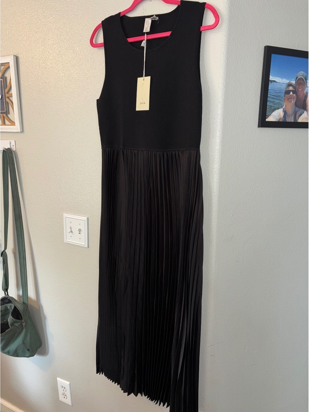 Joie Caviar Black Mixed Media Ribbed Knit Pleated Maxi Midi Dress Size XL NWT